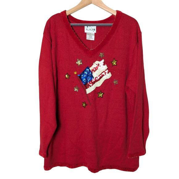 NWT VTG Quacker Factory Red USA Flag Sequin Tunic Sweater Women 1X Patriotic - Picture 1 of 11